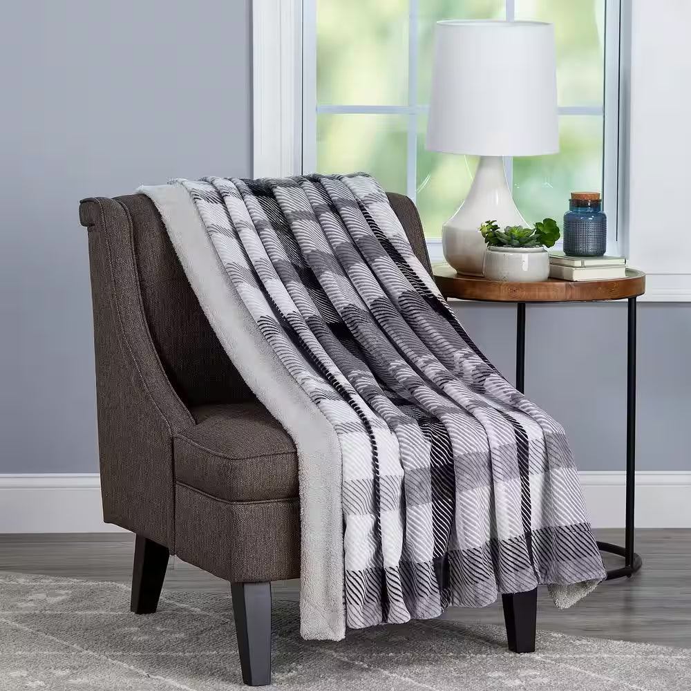 Oversized Plush Poly Phantom Plaid Fleece Sherpa Throw Blanket