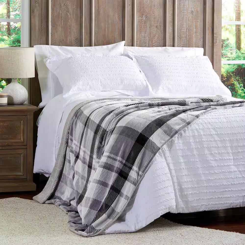 Oversized Plush Poly Phantom Plaid Fleece Sherpa Throw Blanket