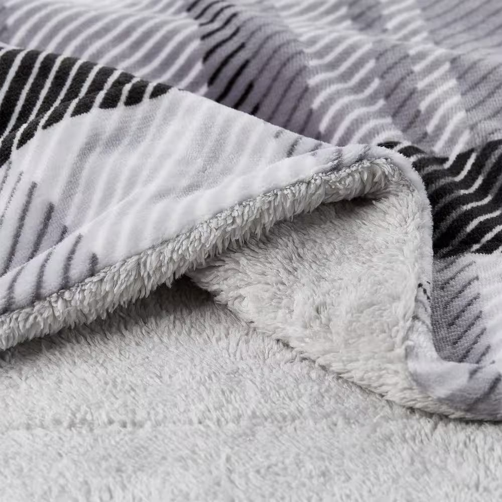 Oversized Plush Poly Phantom Plaid Fleece Sherpa Throw Blanket