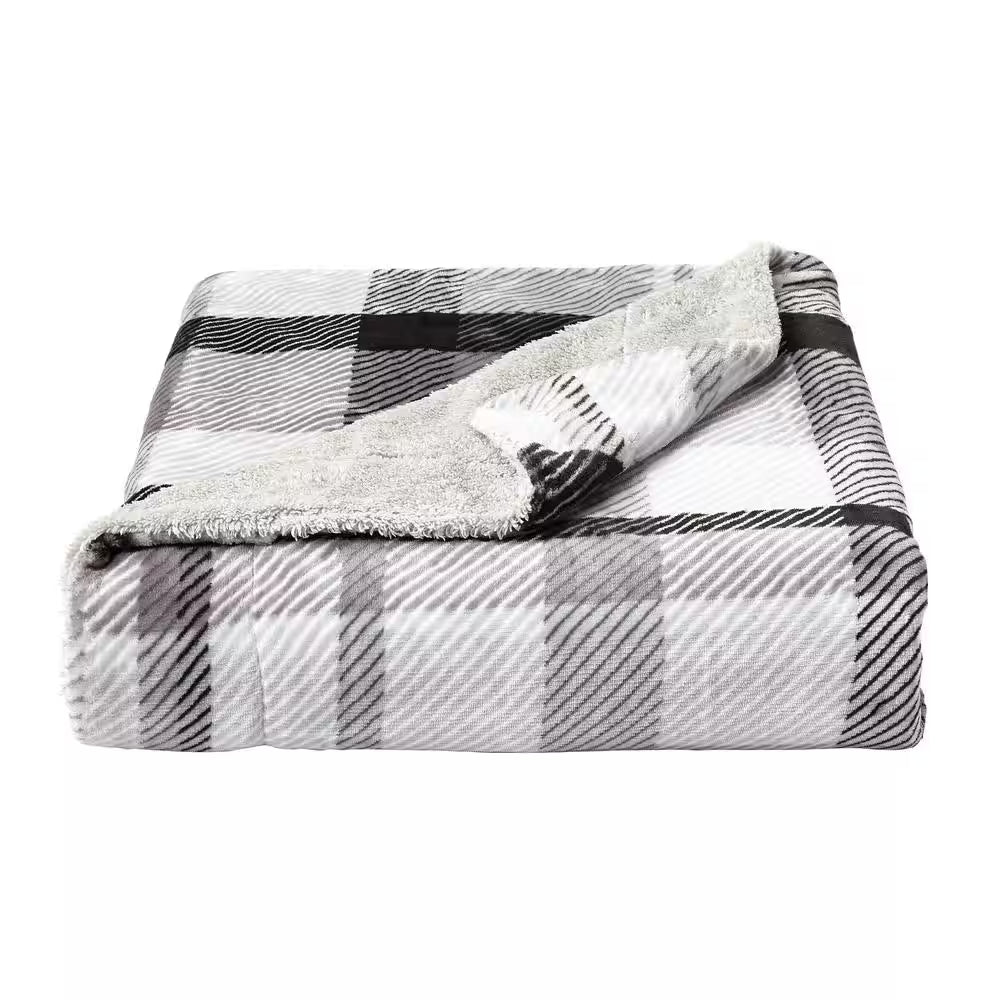 Oversized Plush Poly Phantom Plaid Fleece Sherpa Throw Blanket